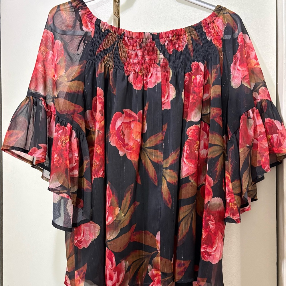 Anna Women's Floral Sheer Top - Black and Red - Picture 3 of 3